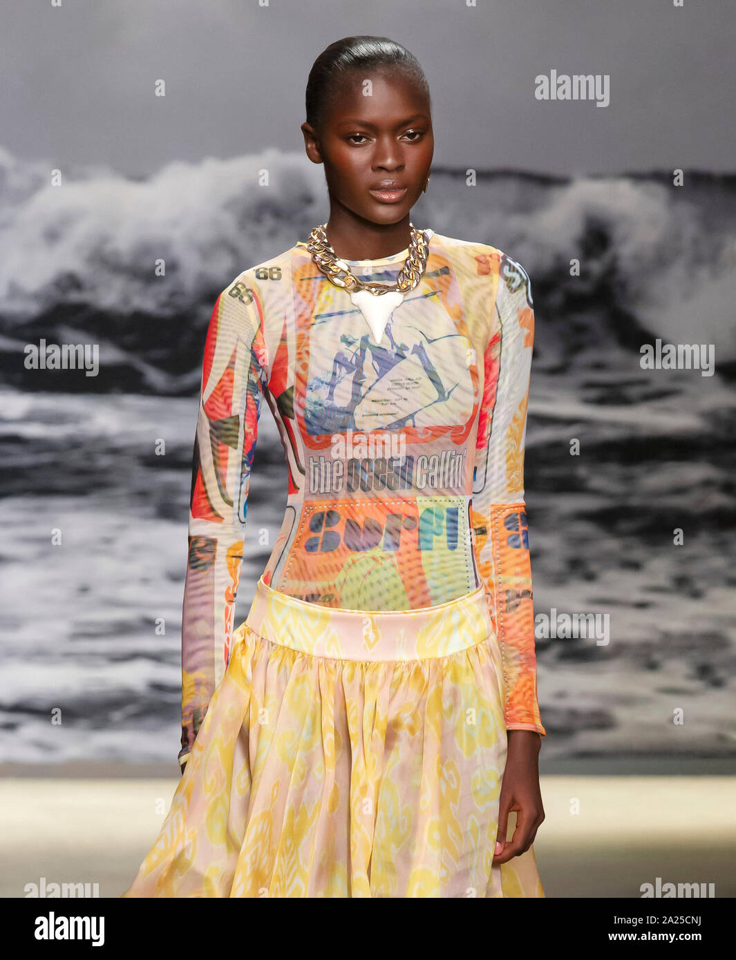 New York, NY - Sept 09, 2019 : A model au Printemps Été 2020 La Société Fashion Show Banque D'Images