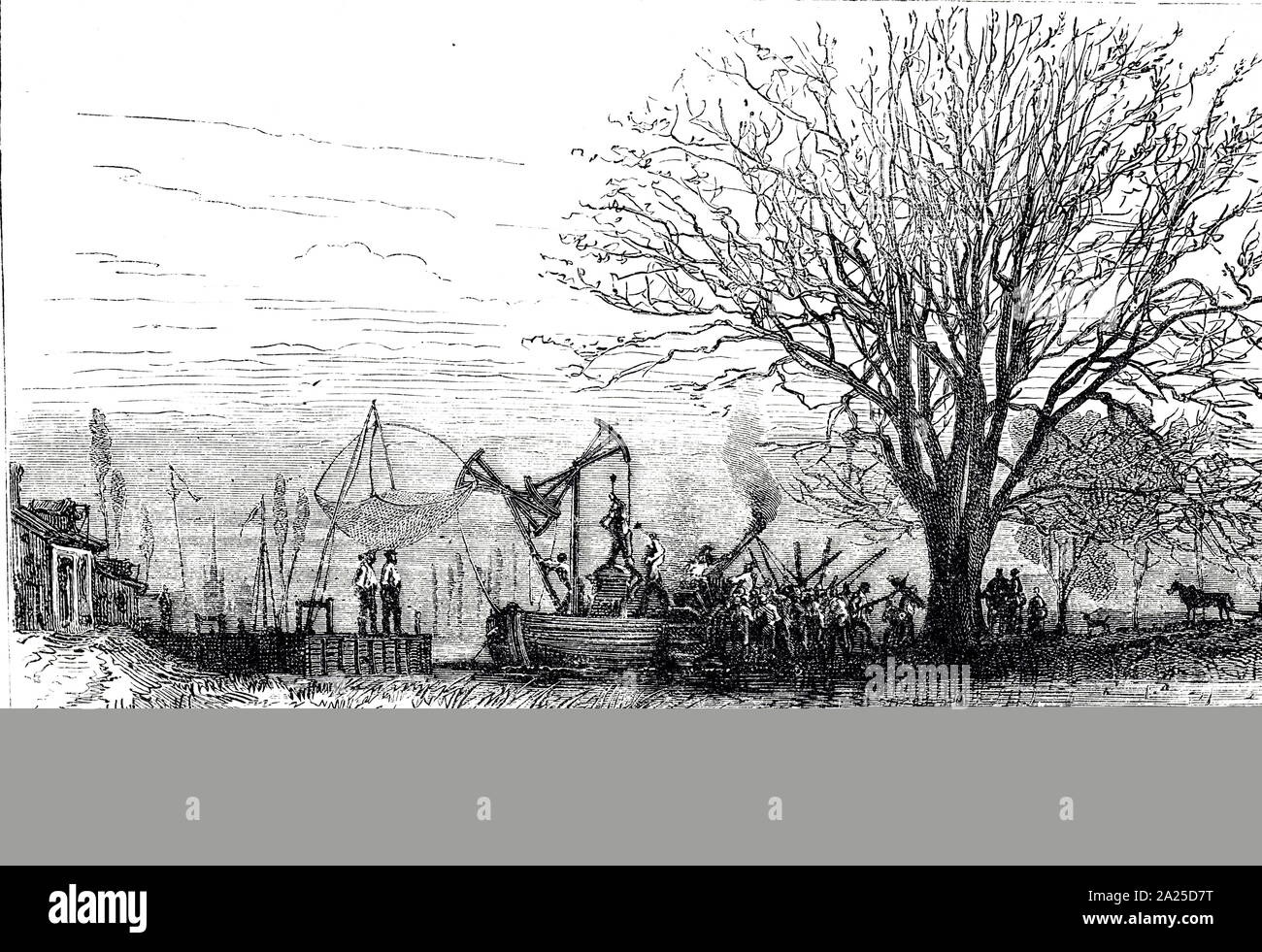 Gravure représentant des bateliers sur la Weser détruisant Denis Papin's steamboat (1707). En date du 19e siècle Banque D'Images