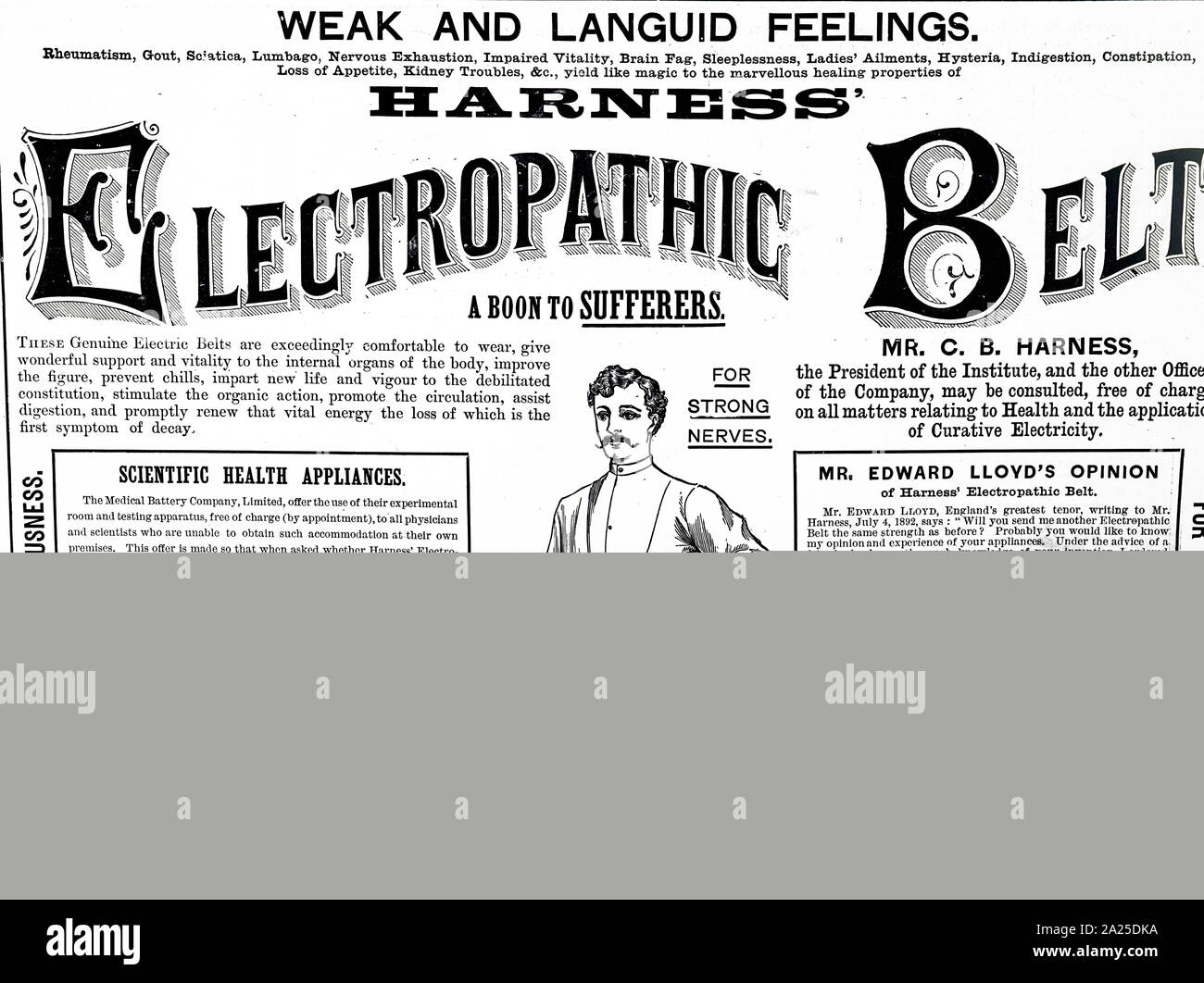 Publicité pour une courroie d'electropathic utilisé pour aider avec un certain nombre de conditions, notamment la goutte, la sciatique, la somnolence et beaucoup d'autres. En date du 19e siècle Banque D'Images