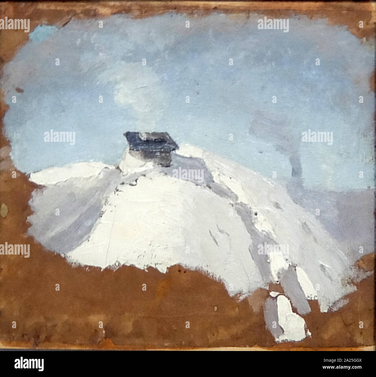 La peinture intitulée 'hiver. Toit de maison'. Huile sur papier. Banque D'Images