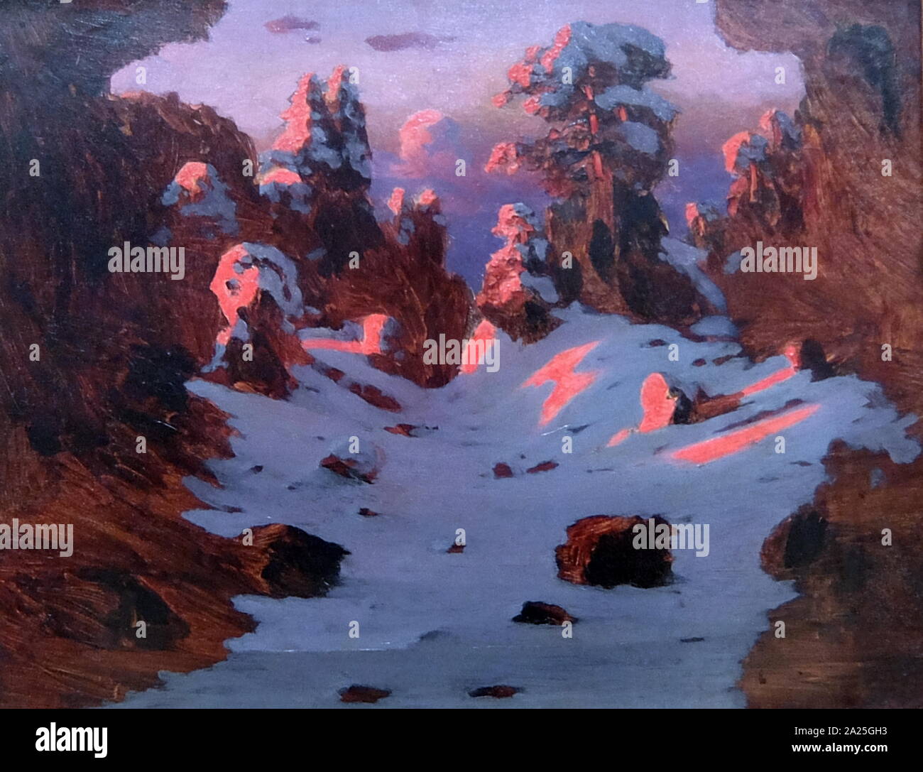 La peinture intitulée 'hiver. Taches claires sur les toits". Huile sur carton Banque D'Images