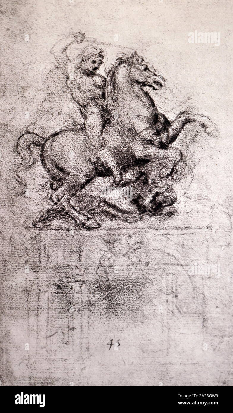Esquisse pour le cheval en bronze du monument Sforza par Leonardo da Vinci. Leonardo di ser Piero da Vinci (1452-1519) un grand penseur italien de la Renaissance. Banque D'Images