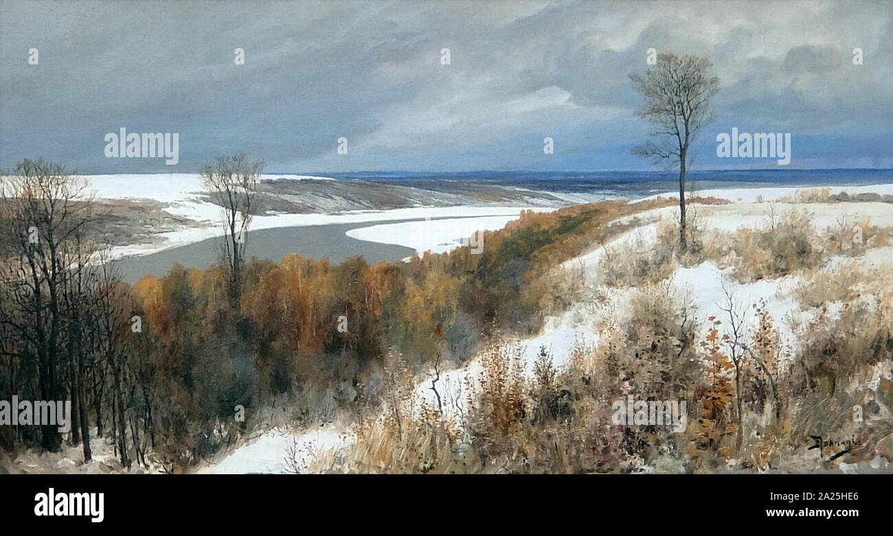La peinture intitulée 'Early Snow' par Vassili Polénov. Vasili Dmitrievitch Polénov (d.1927) un peintre de paysage russe. Banque D'Images