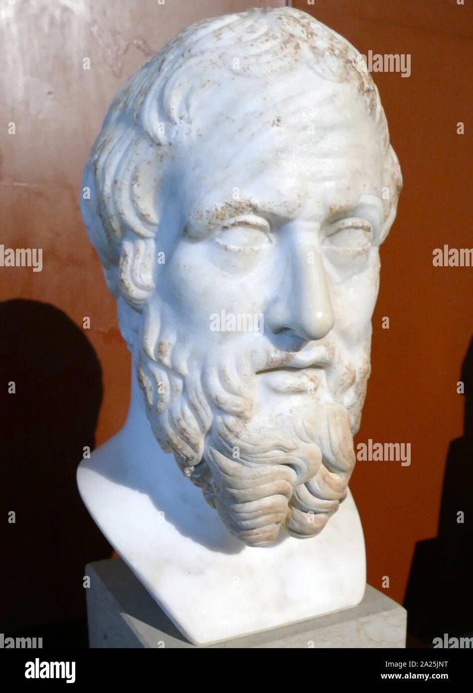 Buste d'Hérodote (ch. 484 av. J. - c. 425 avant J.-C.) un ancien historien grec qui est né à Halicarnasse dans l'Empire perse (aujourd'hui Bodrum, Turquie). Il est connu pour avoir écrit le livre de l'histoire, Banque D'Images