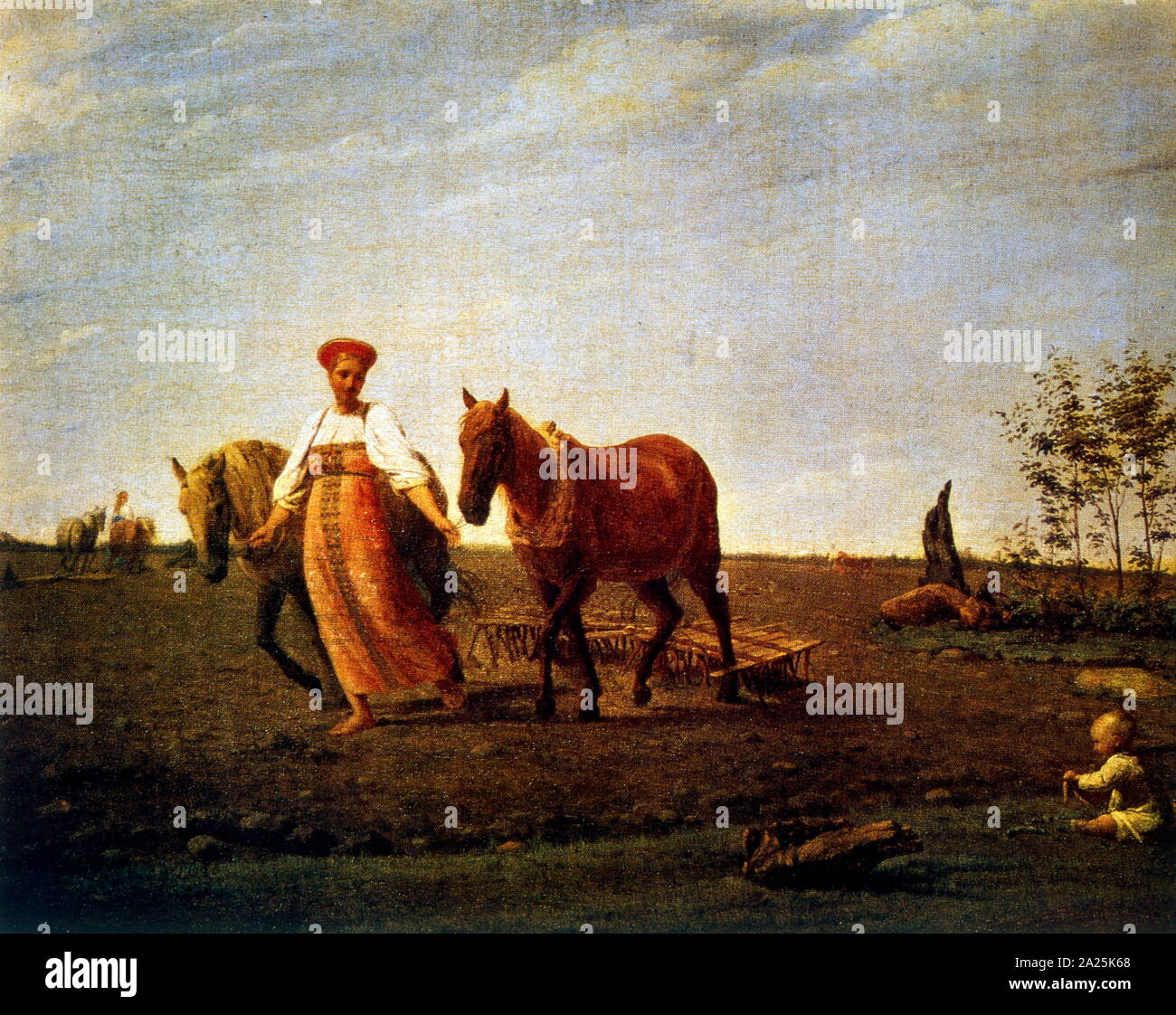 Travaux de printemps, 1820 par Alexey Gavrilovich Venetsianov (1780- 1847), peintre russe, célèbre pour ses tableaux consacrés à la vie paysanne et des gens ordinaires. Banque D'Images