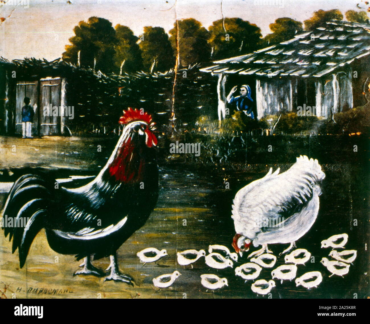 Coq et poule, 1904, par Niko Pirosmani (1862-1918), russe, géorgien, peintre du primitivisme qui a pris de l'importance à titre posthume. Banque D'Images