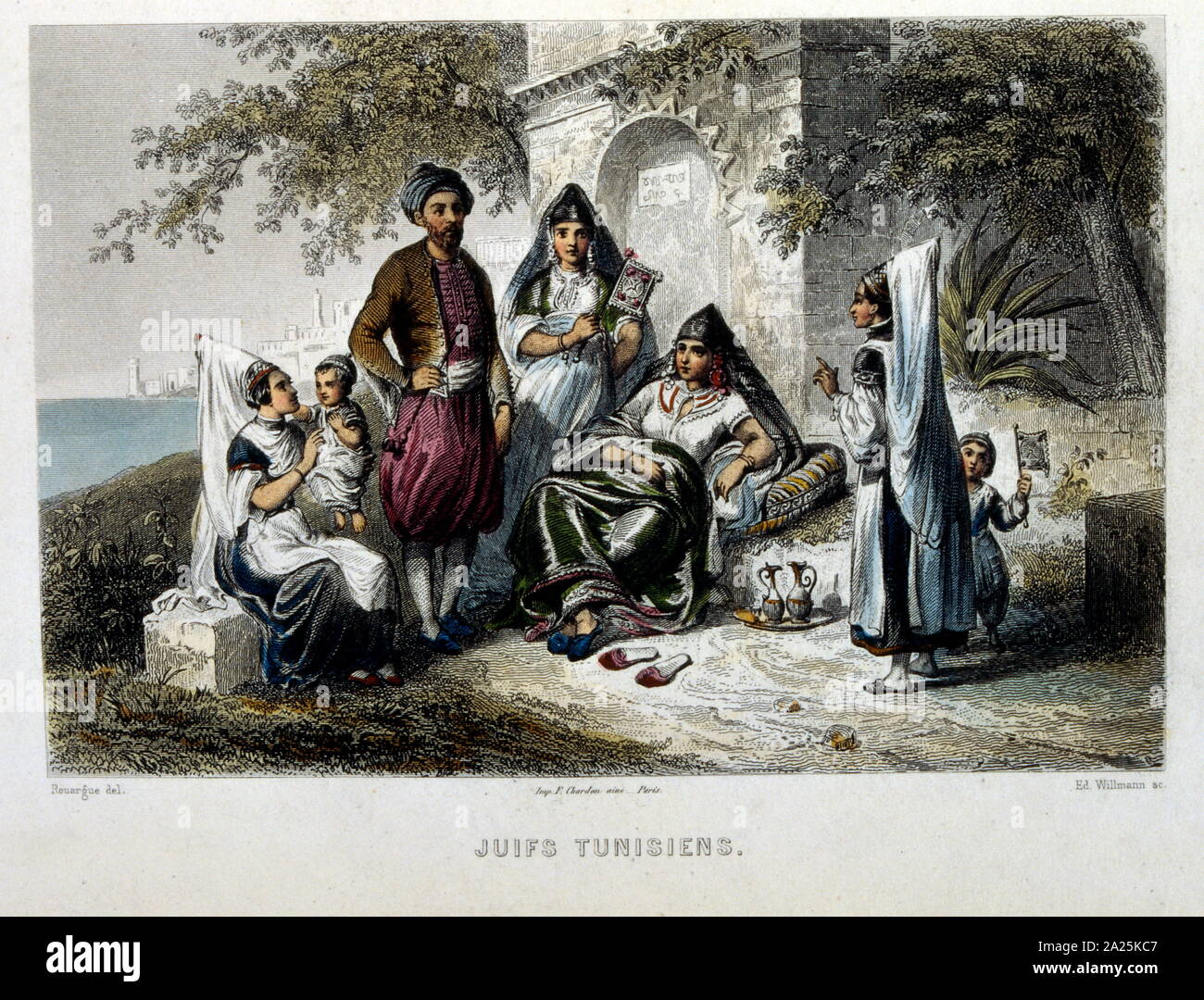 Costumes traditionnels arabes portés par une famille juive Tunisienne, 1862. Illustration française Banque D'Images