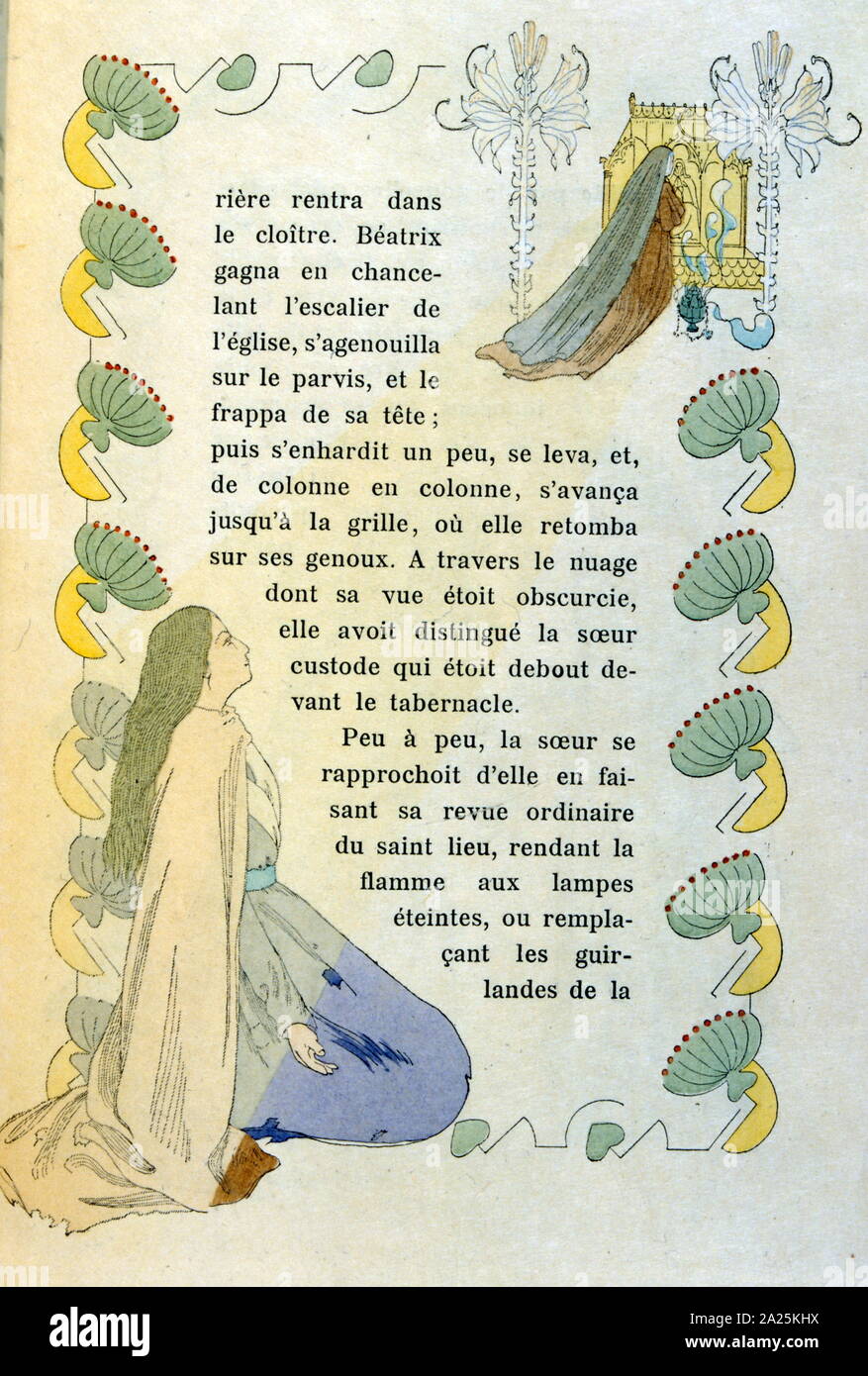 Illustration par Henri Caruchet (1873-1948) ; 'La Légende de soeur Béatrix' par Charles Nodier (1780-1844), 1903. plaque de couleur illustration avec des frontières et des ornements. C'est Nodier, basée sur la légende de la cité médiévale de Béatrice de soeur du couvent de Notre-Dame des Épines-Fleurie (Jura), une jeune femme qui a quitté la communauté d'épouser un chevalier, ne retournant après lui portant plusieurs enfants. Banque D'Images