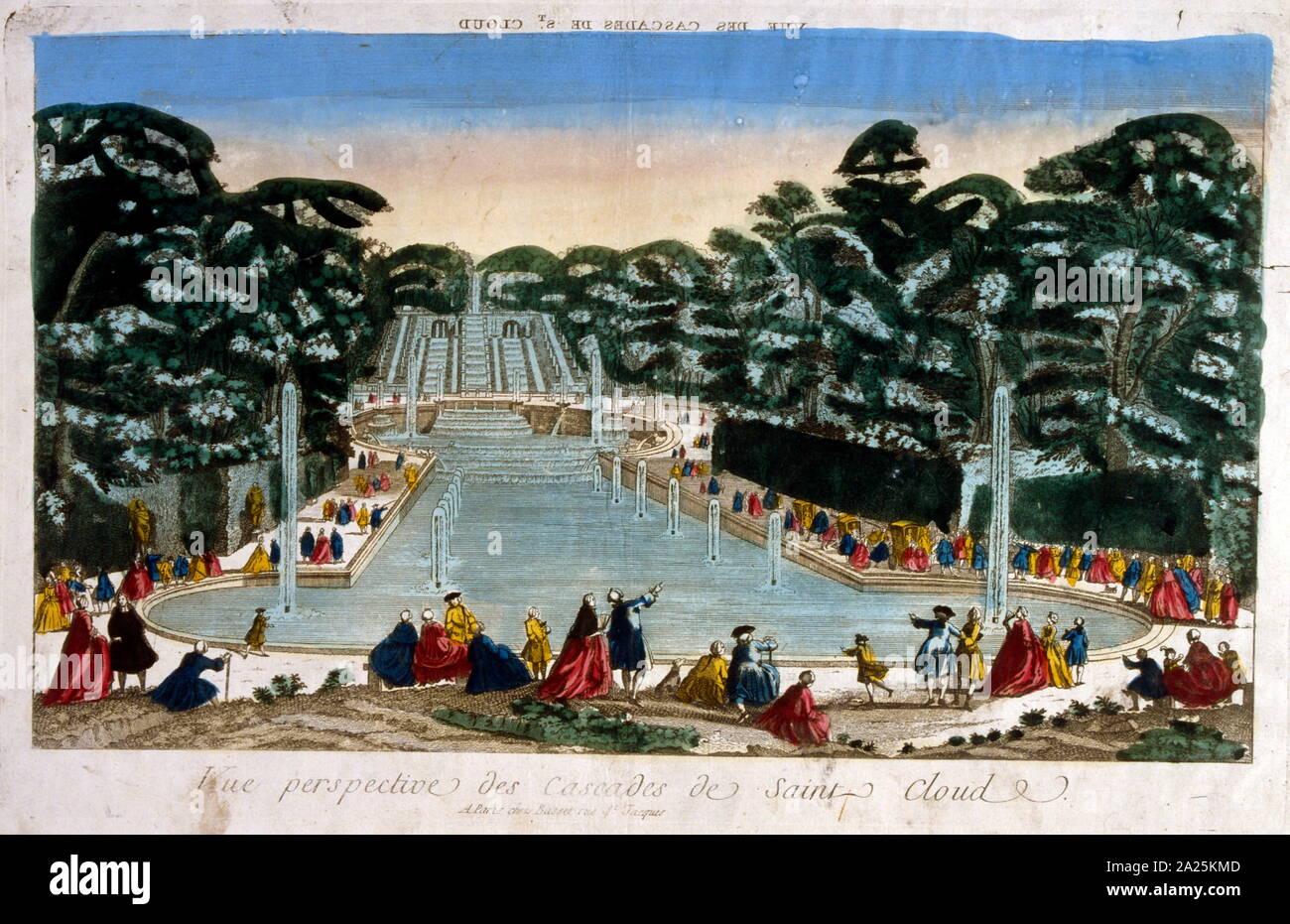 Fontaines du château de Saint-Cloud jardin conçu par Israël Silvestre. Il a été construit dans le style italien, avec un toit plat invisiblement et façades de fresques. Ses jardins sont descendus dans une série de terrasses de la Seine, fournis avec des fontaines à chaque niveau. Le château a été élargi par Philippe de France, Duc d'Orléans dans le 17e siècle, et enfin agrandie par Marie Antoinette dans les années 1780. Banque D'Images