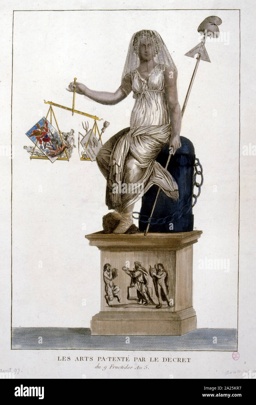 Figure allégorique représentant la justice pendant la période du Directoire, France 1795. Le Directoire), répertoire, ou une direction, un comité de cinq membres qui a gouverné la France de 1795, quand il a remplacé le Comité de la sécurité publique. Le 9 novembre 1799, il fut renversé par Napoléon Bonaparte dans le Coup d'État du 18 Brumaire et remplacé par le Consulat de France. Il a donné son nom à la finale des quatre années de la Révolution française. Banque D'Images