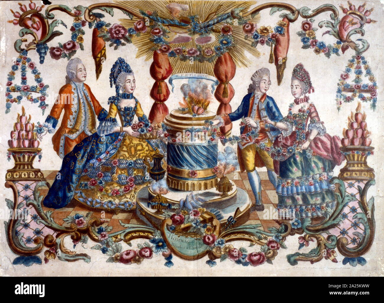 Gravure représentant des nobles français et une femme marchant dans un