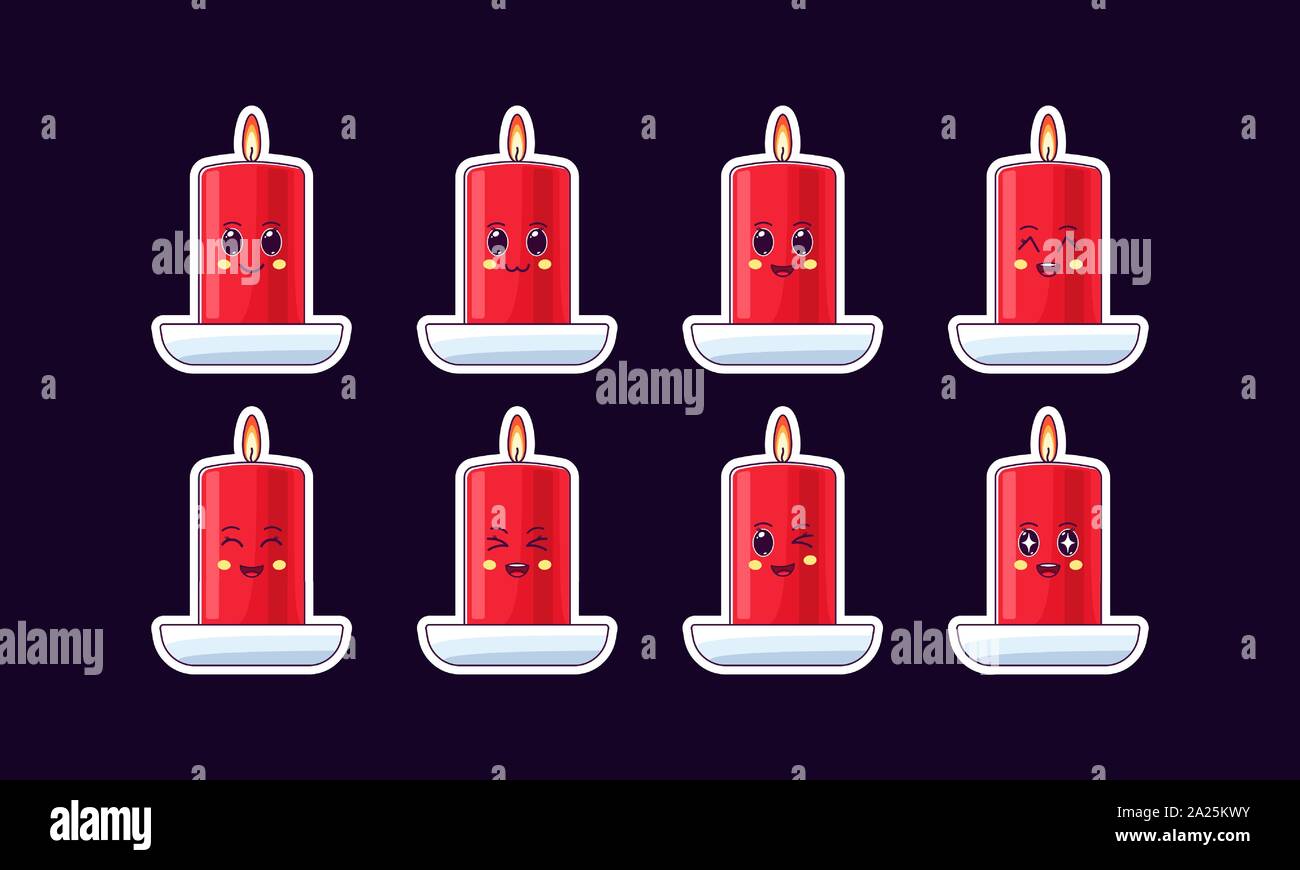 Cire de bougie rouge Kawaii cartoon, autocollant Noël ensemble. Noël et Nouvel An Mignon collection de bougie allumée, différentes émotions. Caractère festif avec Illustration de Vecteur