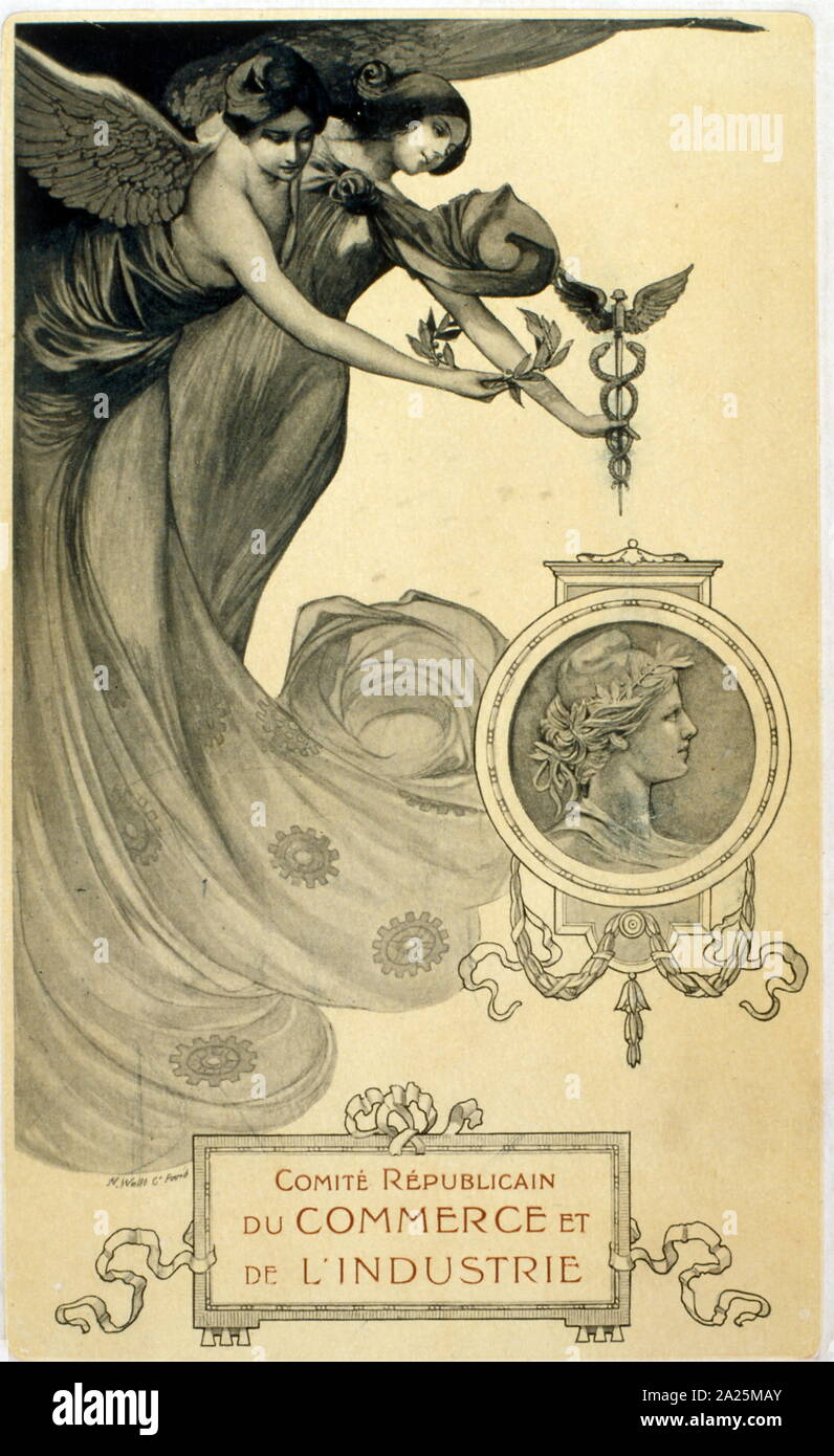 Illustration Art déco français représentant des figures allégoriques du commerce et de l'industrie 1895 Banque D'Images