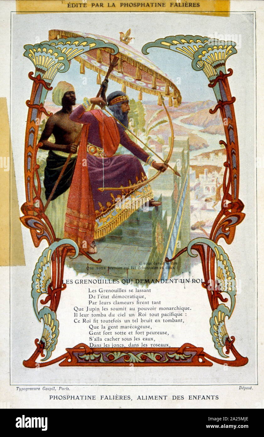 Illustration d'une édition 1900 des fables de Jean de La Fontaine (1621 - 1695), français et fabuliste l'un des plus lu des poètes français du 17e siècle. Il est surtout connu pour ses fables, qui a fourni un modèle pour les fabulists dans toute l'Europe. Jean de La Fontaine fables recueillies à partir de sources très diverses, en Occident et en Orient, et les a adaptés en français le vers libre. Ils ont été publiés sous le titre général de Fables en plusieurs volumes de 1668 à 1694 et sont considérés comme des classiques de la littérature française. Banque D'Images