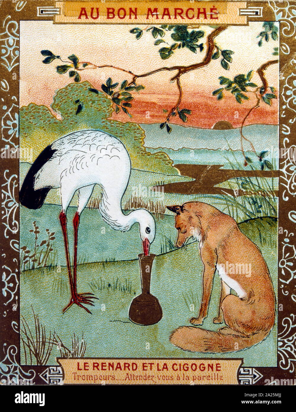 Illustration d'une édition 1900 des fables de Jean de La Fontaine (1621 - 1695), français et fabuliste l'un des plus lu des poètes français du 17e siècle. Il est surtout connu pour ses fables, qui a fourni un modèle pour les fabulists dans toute l'Europe. Jean de La Fontaine fables recueillies à partir de sources très diverses, en Occident et en Orient, et les a adaptés en français le vers libre. Ils ont été publiés sous le titre général de Fables en plusieurs volumes de 1668 à 1694 et sont considérés comme des classiques de la littérature française. Banque D'Images