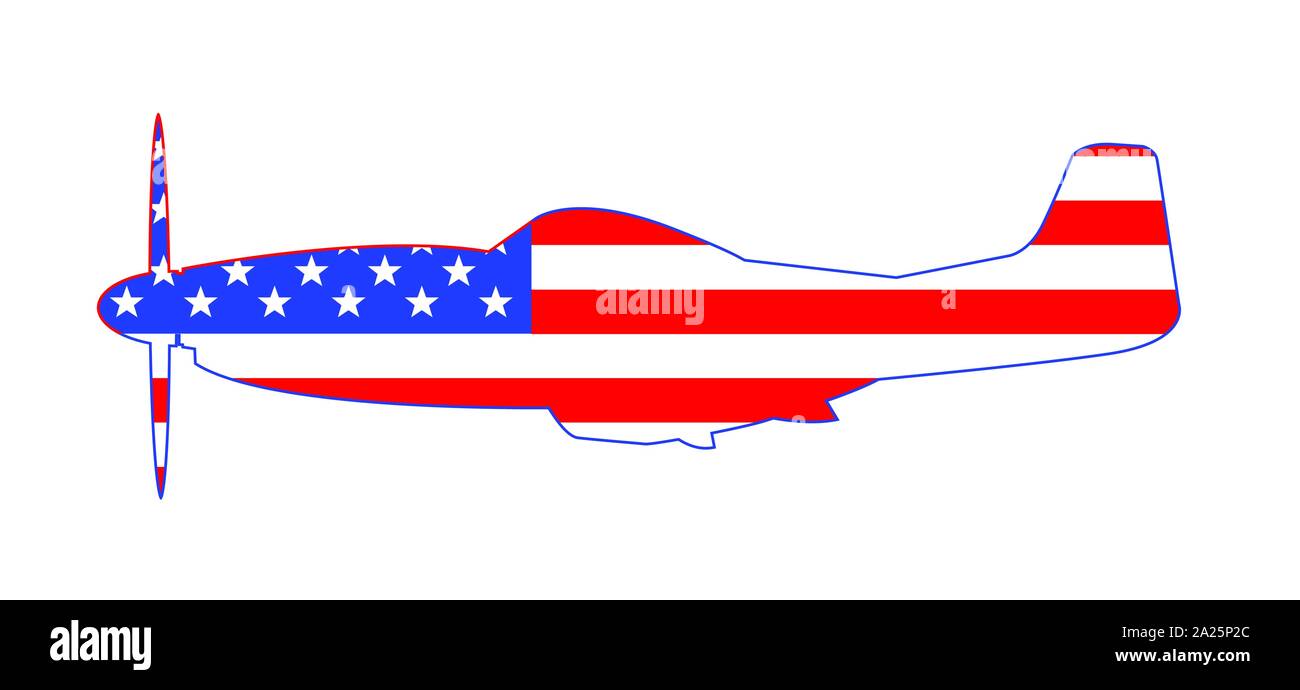 Silhouette d'un United States Mustang P51 avec un chasseur de Stars and Stripes USA flag tous sur un fond blanc Illustration de Vecteur