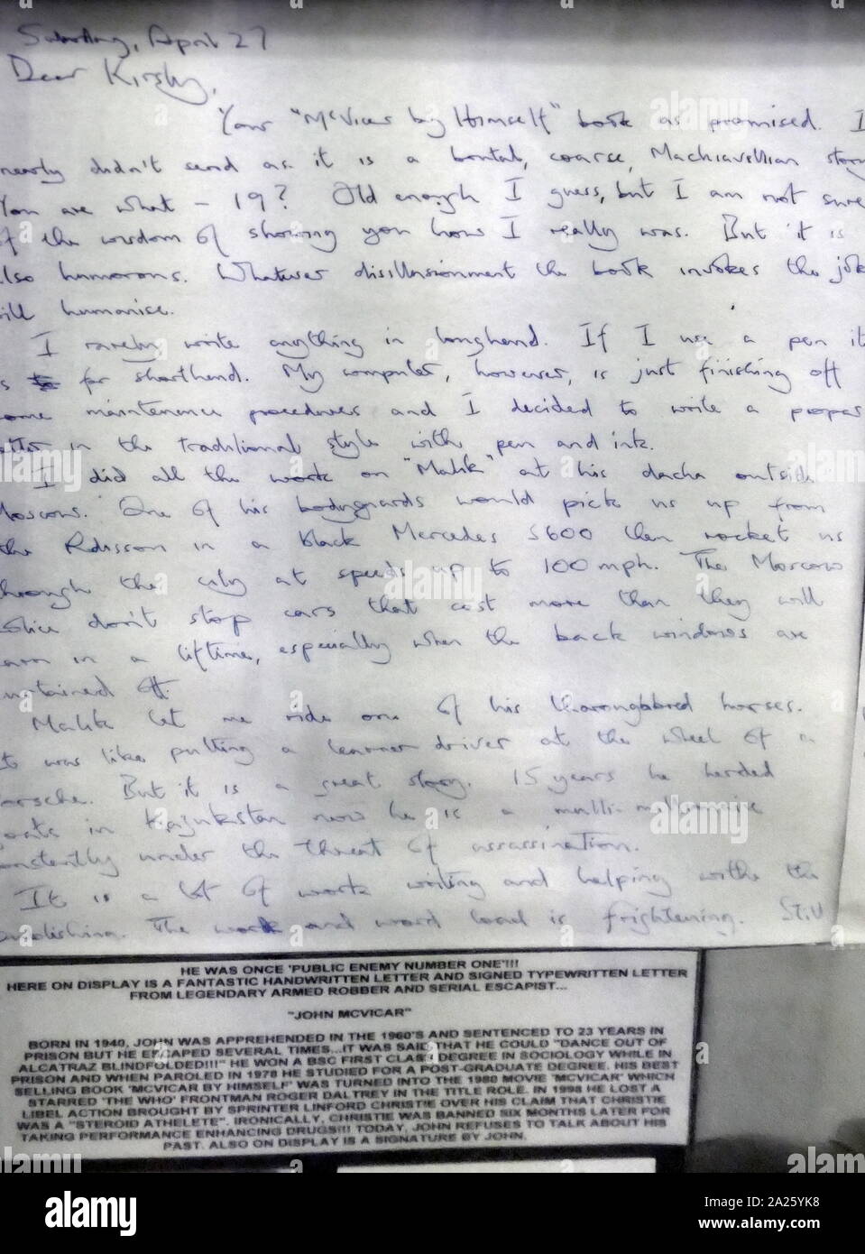 Lettre écrite par John McVicar (1940-) un journaliste britannique, reconnu coupable de l'évasion et voleur armé. Banque D'Images