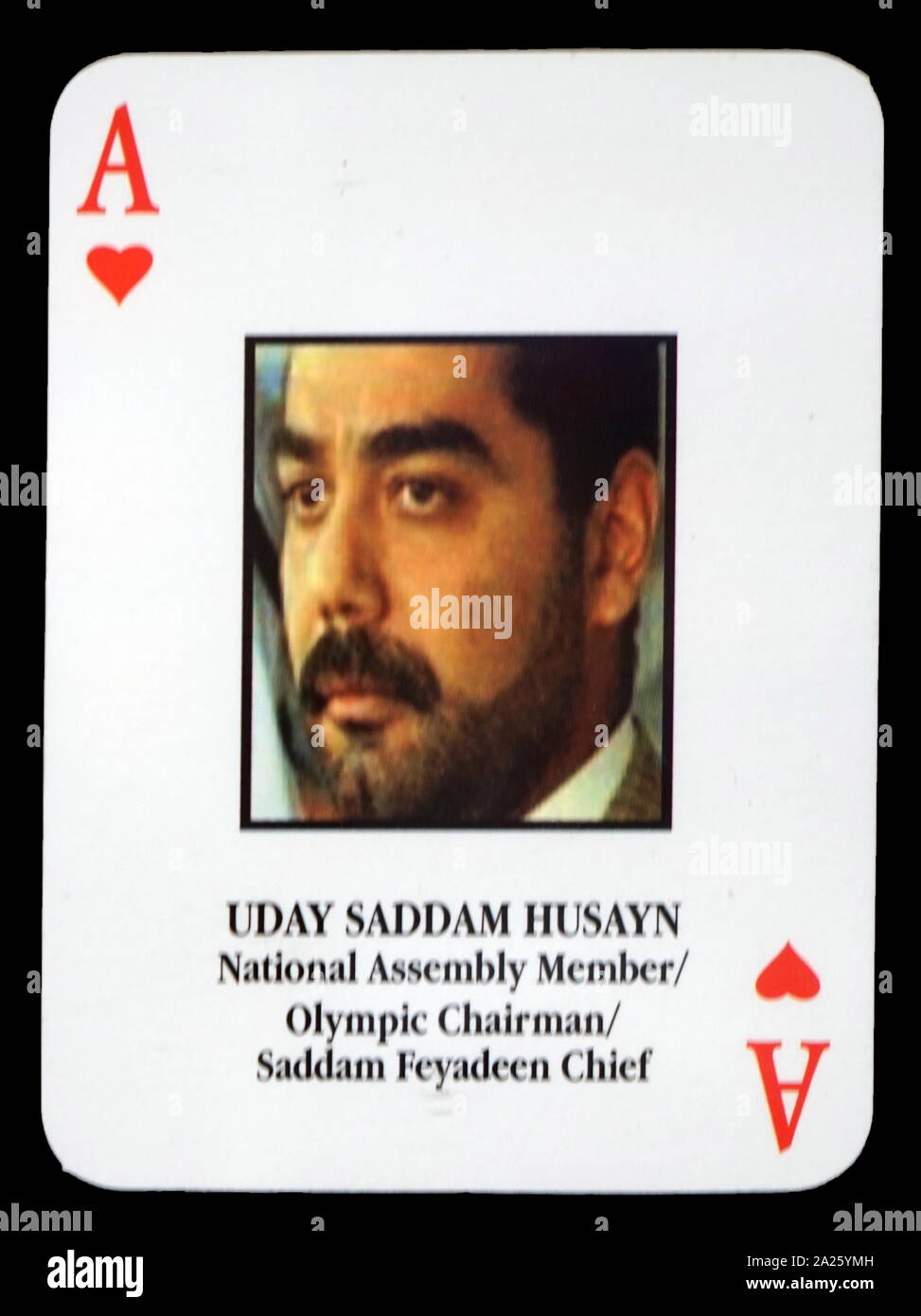 La plupart des Iraquiens, voulait jouer aux cartes - Uday Saddam Husayn (membre de l'Assemblée Nationale Olympique/Président/Chef Feyadeen Saddam). L'armée américaine a mis au point un ensemble de cartes à jouer pour aider les pays fournisseurs d'identifier les plus-voulait que les membres du gouvernement du Président Saddam Hussein lors de l'invasion de l'Irak en 2003. Banque D'Images