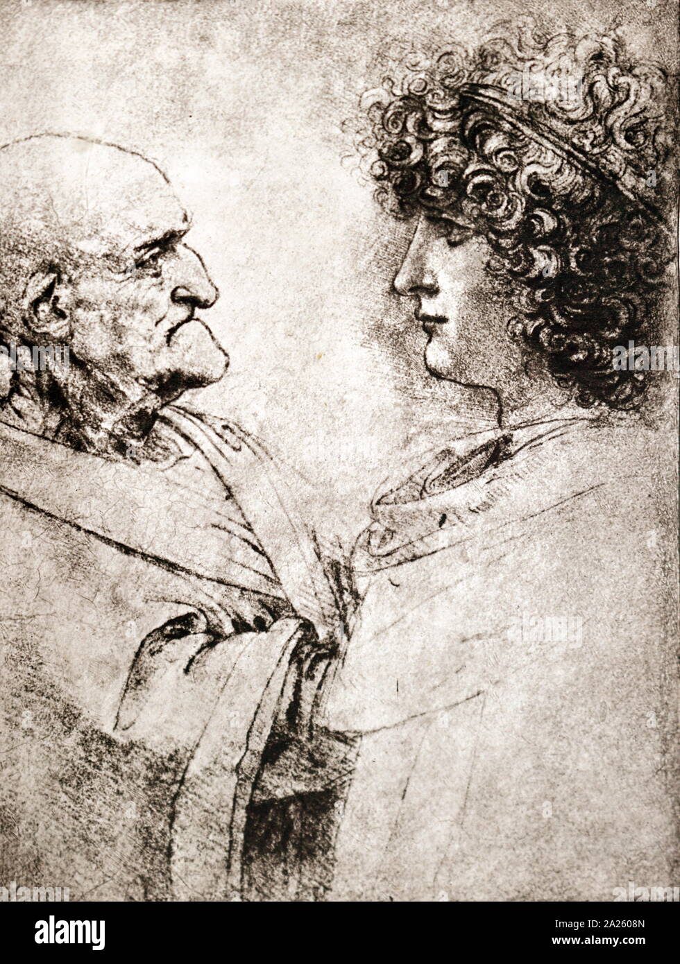 Vieil homme et un jeune, 1495, dessin à la craie rouge par Léonard de Vinci (1452-1519), l'artiste italien et polymathe Banque D'Images