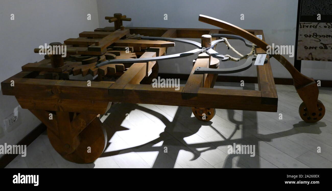 Modèle pour un chariot automoteur basé sur un dessin de Léonard de Vinci Banque D'Images