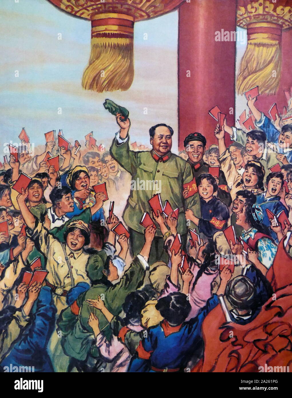 La peinture de propagande montrant le président Mao sur l'examen des Gardes rouges. Le président Mao personnellement reçu plus de 11 millions de gardes rouges venant de tout le pays. Les gardes rouges est devenu l'avant-garde de la Révolution Culturelle Banque D'Images