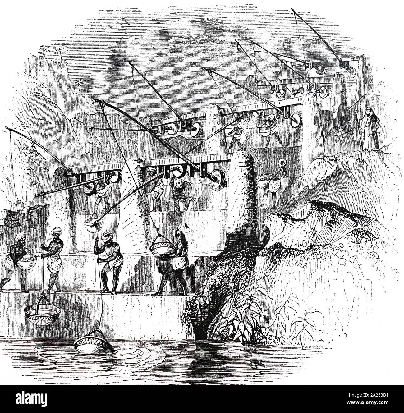 Une gravure représentant une Shadoof utilisé en Égypte. Le shadoof a été un outil d'irrigation. En date du 19e siècle Banque D'Images