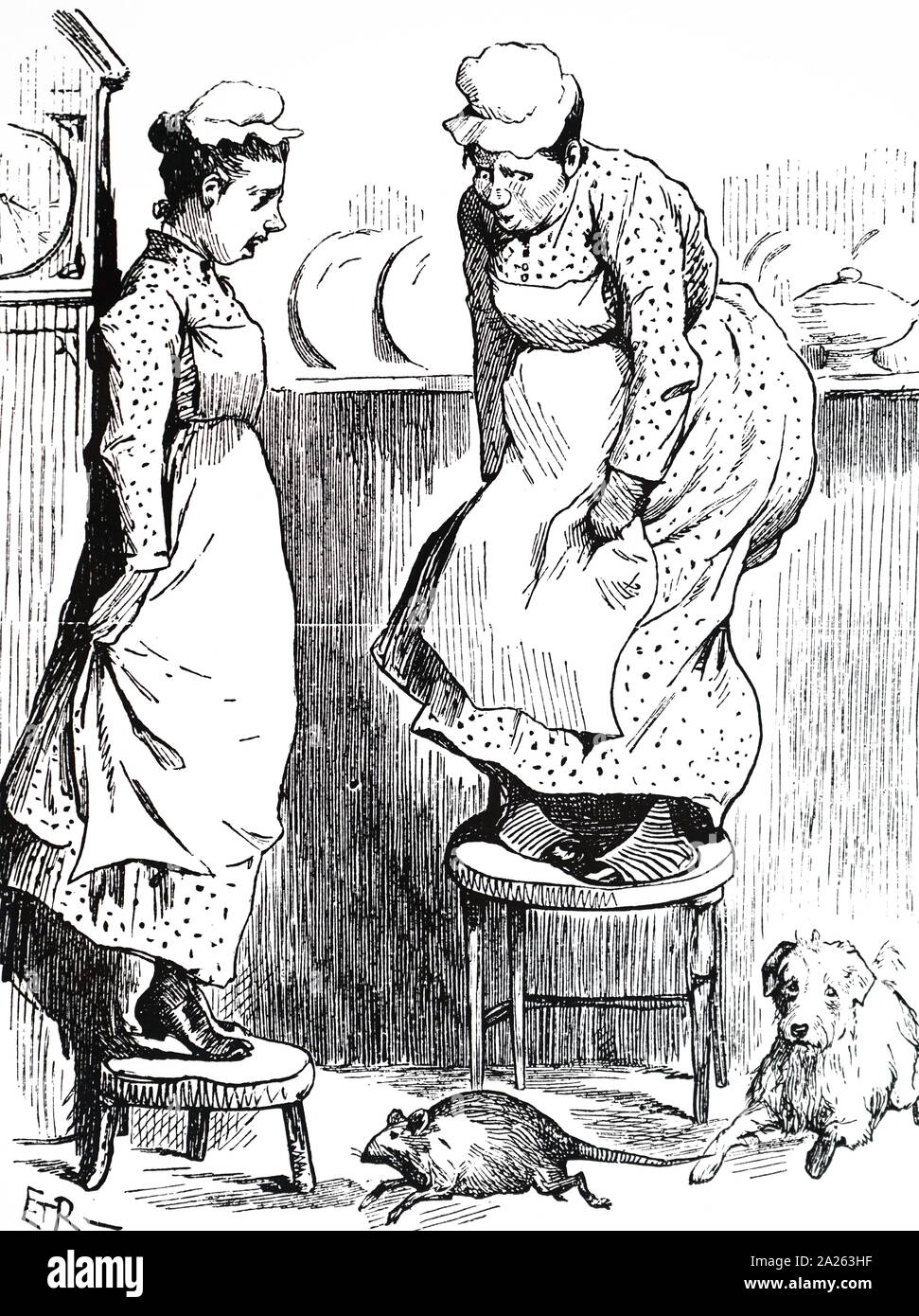 Une caricature montrant un cuisinier et femme de chambre cuisine étant terrifié par un rat qui le terrier est déterminé à attraper. En date du 19e siècle Banque D'Images