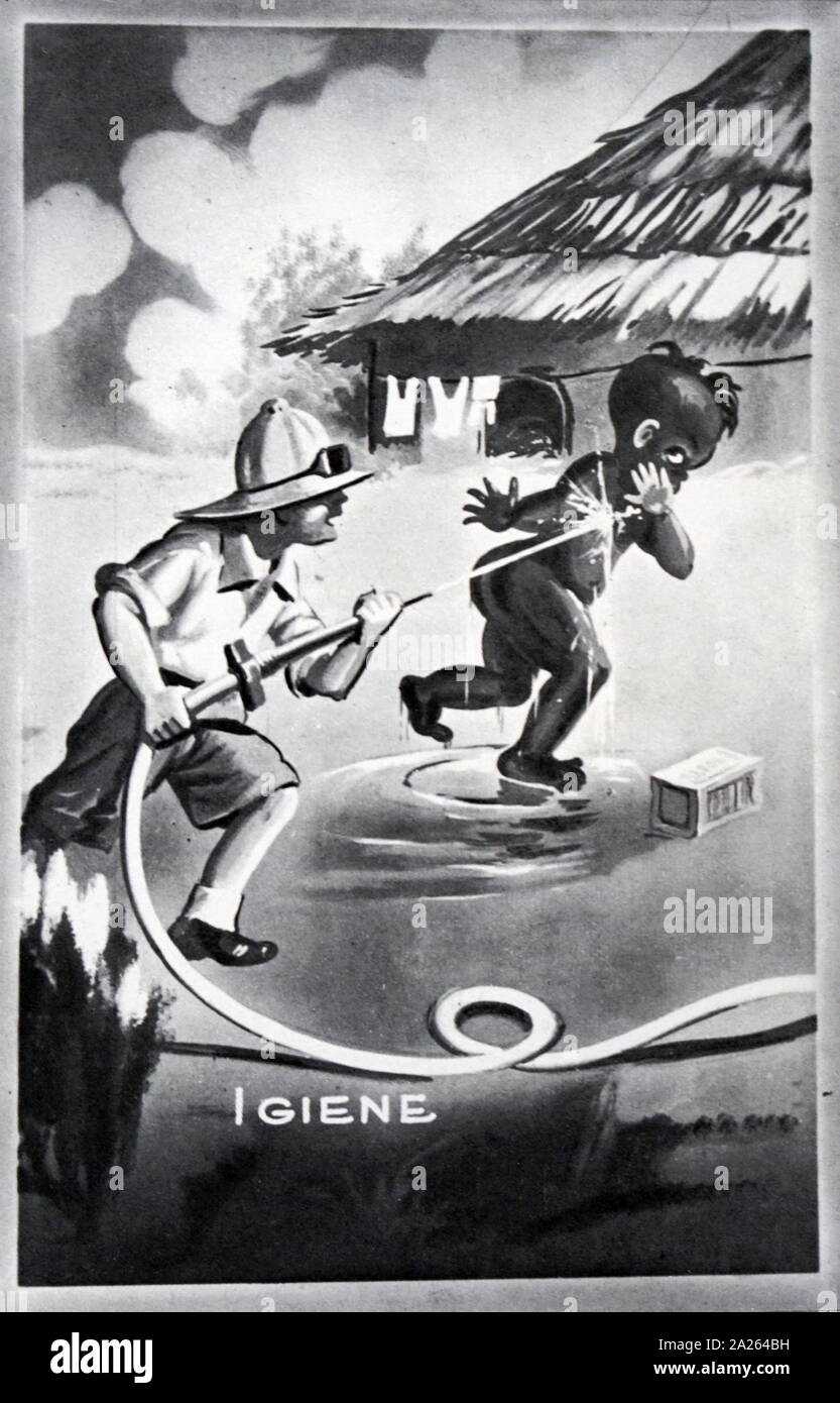 L'ère fasciste italien raciste affiche représentant un Africain d'être entraînés par un fonctionnaire colonial italien avec le mot Igiene (hygiène) figurant à côté. Vers 1936 Banque D'Images