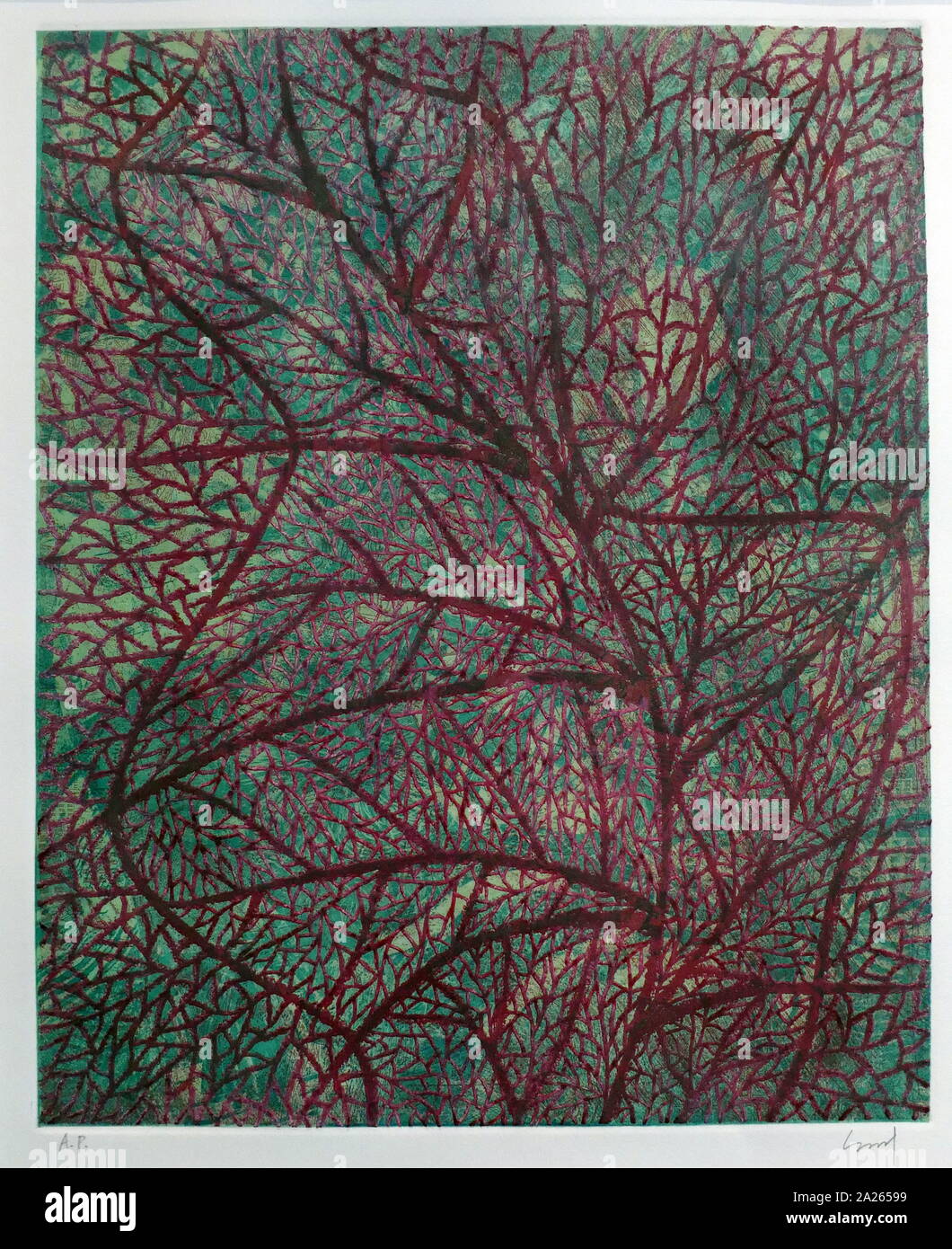 Untitled' par Seo Jeong-hee (b. 1958), l'artiste de Corée, ca. Années 1990 gravure photographique et la lithographie. Seo Jeong-hee combine différentes techniques d'impression pour créer des images en couches. Dans cette estampe, elle superpose les imprimés à l'aide de gravure photographique, puis dessine un motif en net-au-dessus d'elle. Banque D'Images