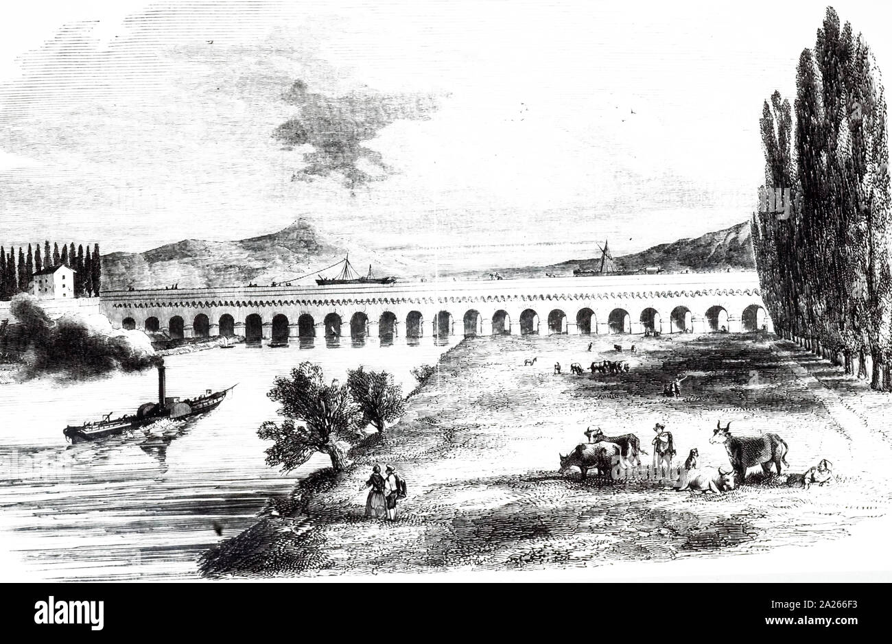 Une gravure illustrant la traversée du canal barges aqueduc de Agen, France. En date du 19e siècle Banque D'Images