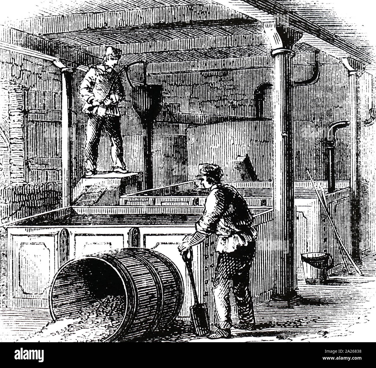 Une gravure représentant l'alcali citernes dans une fabrique de savon. En date du 19e siècle Banque D'Images