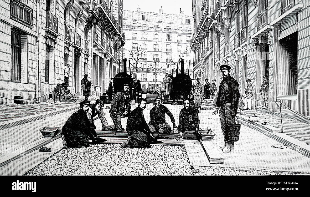 Illustration montrant les hommes portant l'asphalte dans une rue de Paris 1904 Banque D'Images