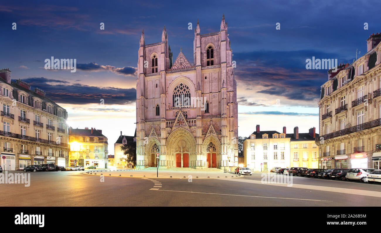 Vue de nuit sur la cathédrale saint Pierre dans la ville de Nantes en France Banque D'Images