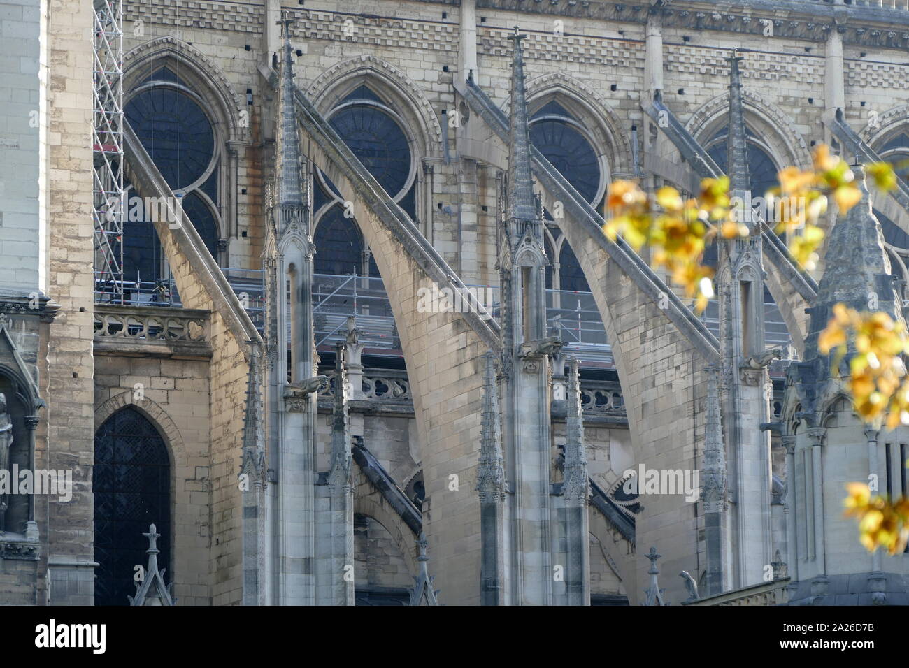 Scène montrant l'impact de l'incendie qui a endommagé la cathédrale Notre-Dame le matin après l'incendie a été éteint. Banque D'Images