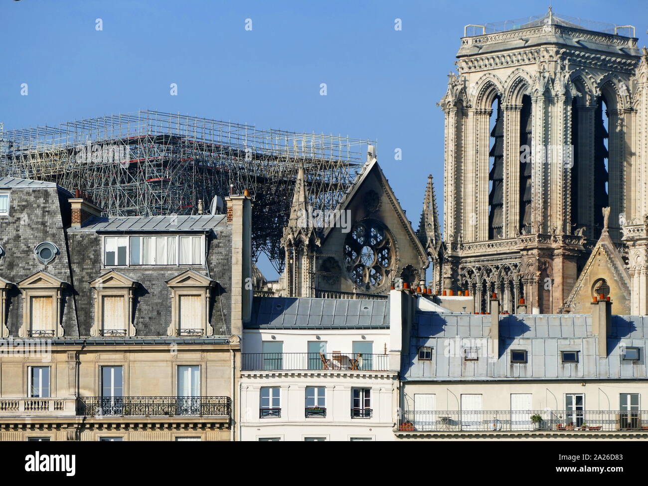 Scène montrant l'impact de l'incendie qui a endommagé la cathédrale Notre-Dame le matin après l'incendie a été éteint. La destruction du toit peut être vu Banque D'Images