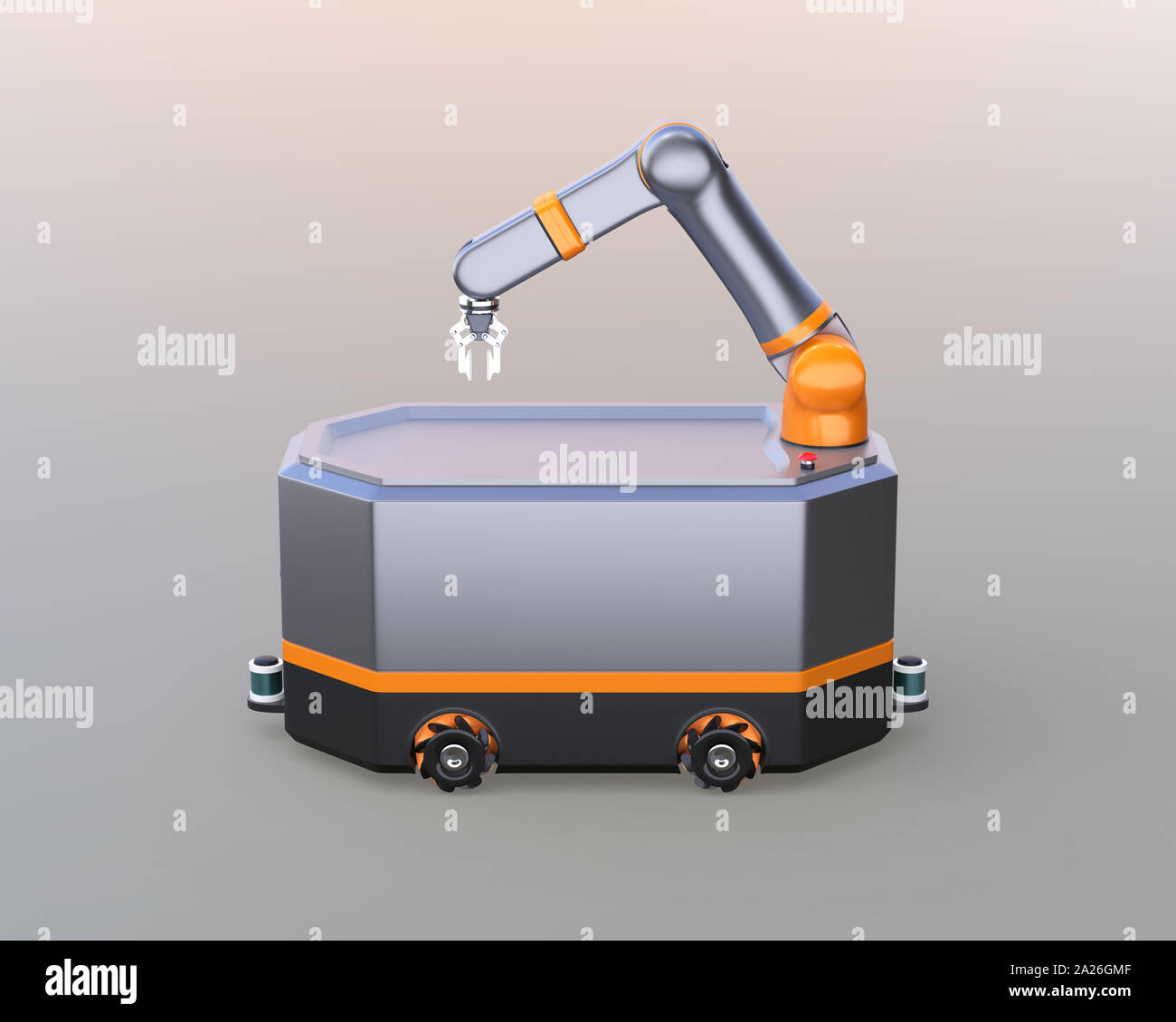 Vue latérale du robot mobile AGV sur fond gris. Le rendu 3D image. Banque D'Images