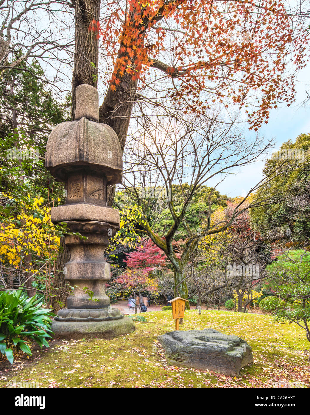 Tokyo Metropolitan Park KyuFurukawa Nuresagigata du jardin japonais de l'donnant sur la lanterne de pierre par l'érable rouge momiji feuilles à l'automne. Banque D'Images