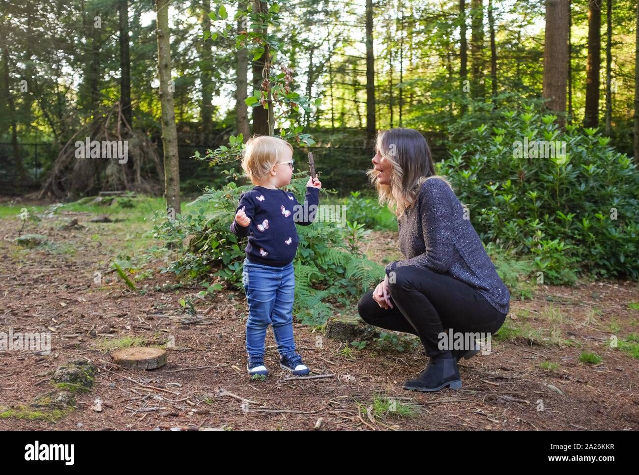 Style de Photo - Jeune maman de jouer avec ses deux ans ensemble dans les bois UK Banque D'Images