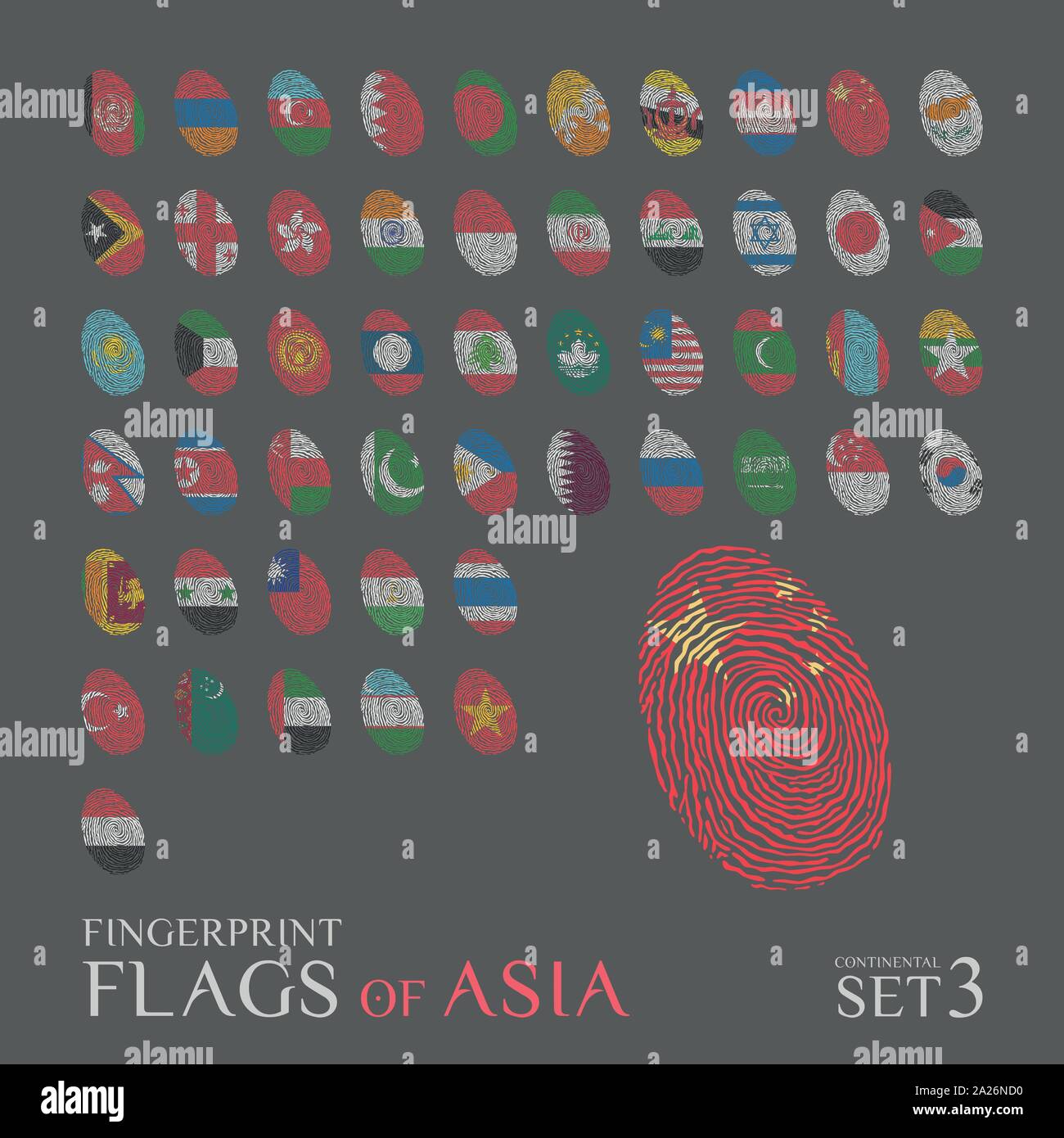 Ensemble de 51 empreintes digitales coloré avec les drapeaux des pays de l'Asie. Icon Set vector Illustration. Illustration de Vecteur