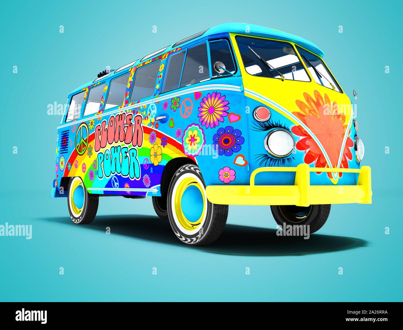 L'été bleu retro van en couleurs et rendu 3d arc-en-ciel sur fond bleu avec ombre Banque D'Images