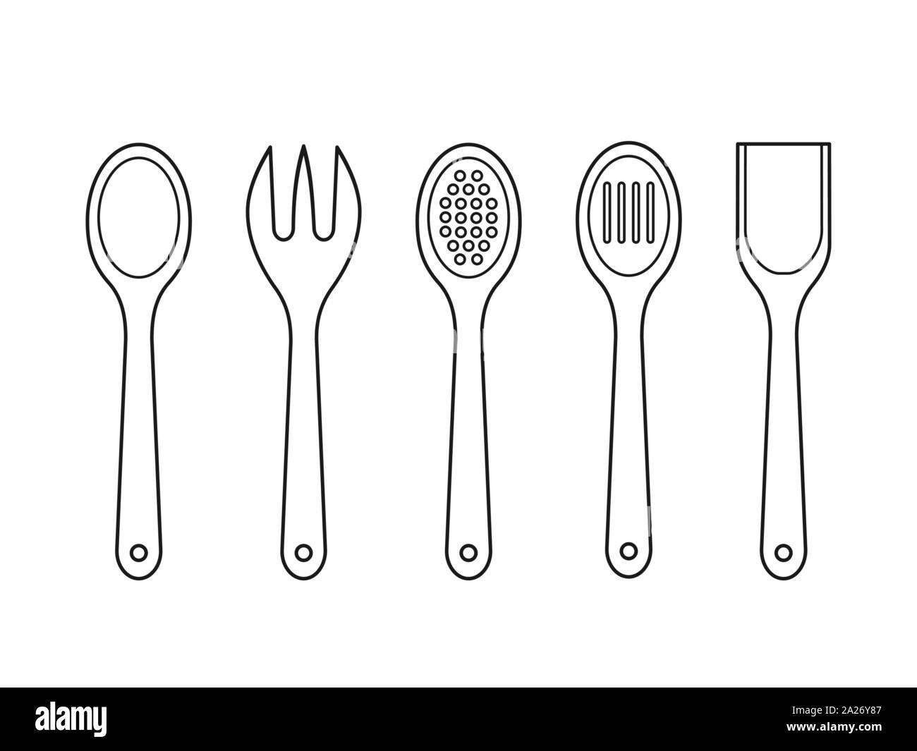 Cuillères en bois contours sur fond blanc. Cuillère à mélange, spatule, fourchette, la crépine. Des ustensiles de cuisine. icônes linéaire Jeu de cuisine. Concept de cuisson. Illustration de Vecteur