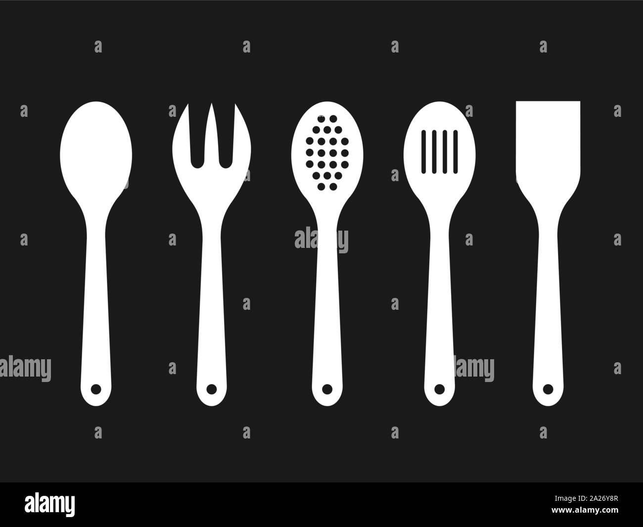 Cuillères en bois blanc sur fond noir. Silhouettes de cuillère à mélange, spatule, fourchette, la crépine. Outils de cuisine d'icônes. Des ustensiles de cuisine en bois. Illustration de Vecteur