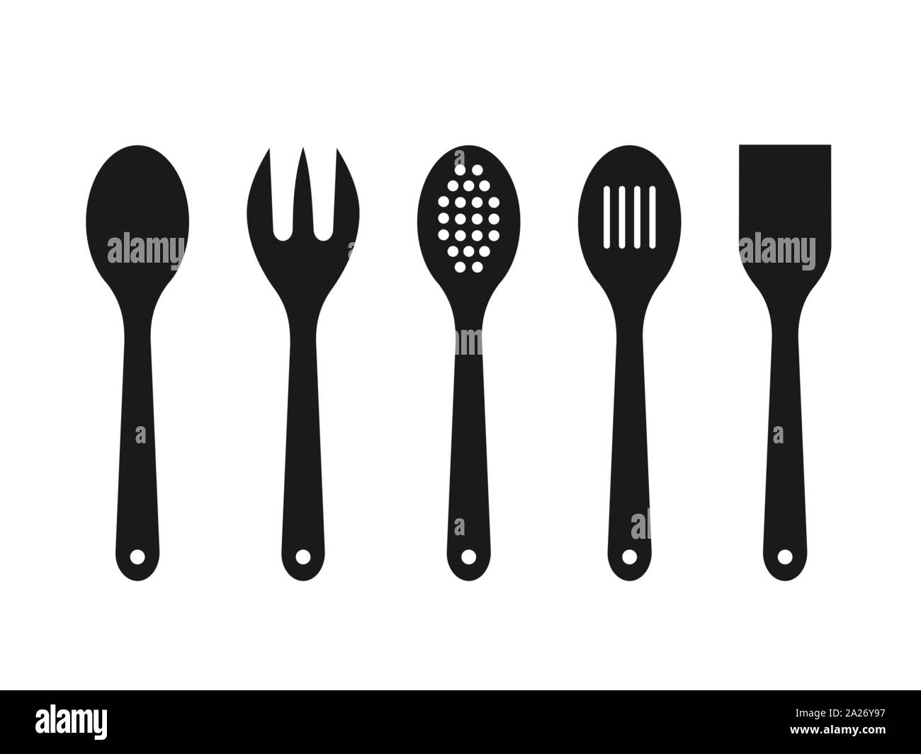 Cuillères en bois noir sur fond blanc. Silhouettes de cuillère à mélange, spatule, fourchette, la crépine. Outils de cuisine d'icônes. Des ustensiles de cuisine en bois. Illustration de Vecteur