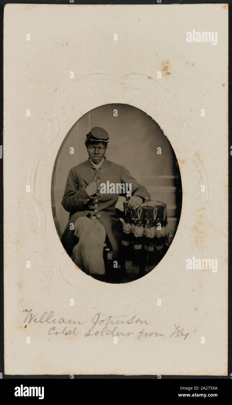 Portrait d'un African American Civil War soldier identifiés comme William Johnson du Kentucky / de la galerie photo de Louis Frenzel, peintre et photographe, cor. Pont et Washington Sts., Georgetown, D.C Banque D'Images