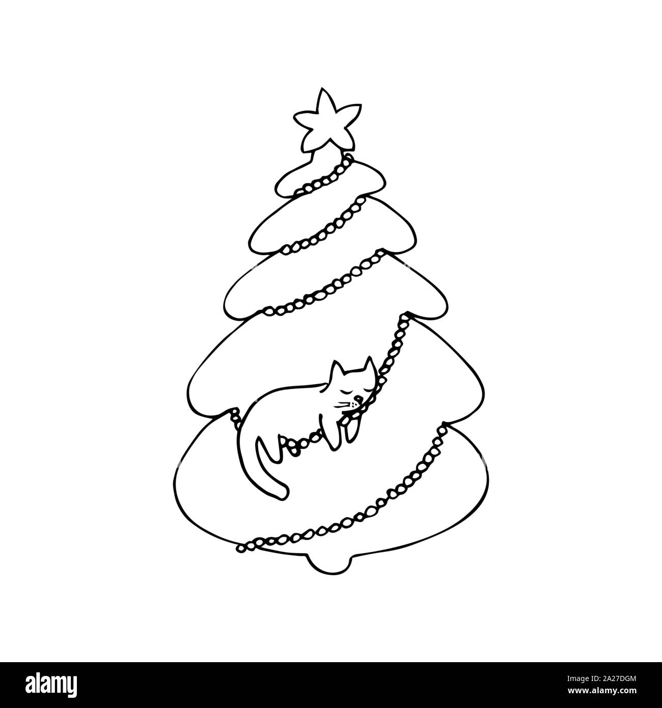 Arbre de Noël avec un chat dormant en elle. Contour noir sur fond blanc. Photo peut être utilisé dans les fêtes de fin d'année des cartes de vœux, affiches, flyers, bannières, logos etc. Vector illustration. EPS10 Illustration de Vecteur