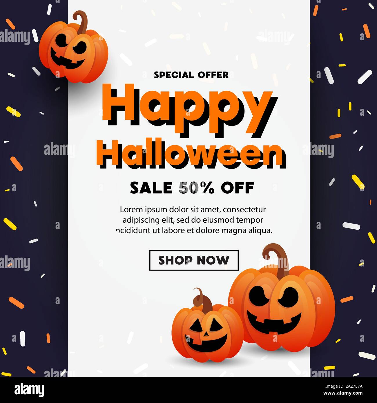 Happy Halloween vente bannière avec scary ghost face citrouilles orange, des ballons, des chauves-souris et gold glitter décors sur fond sombre. De l'accueil du modèle ca Illustration de Vecteur