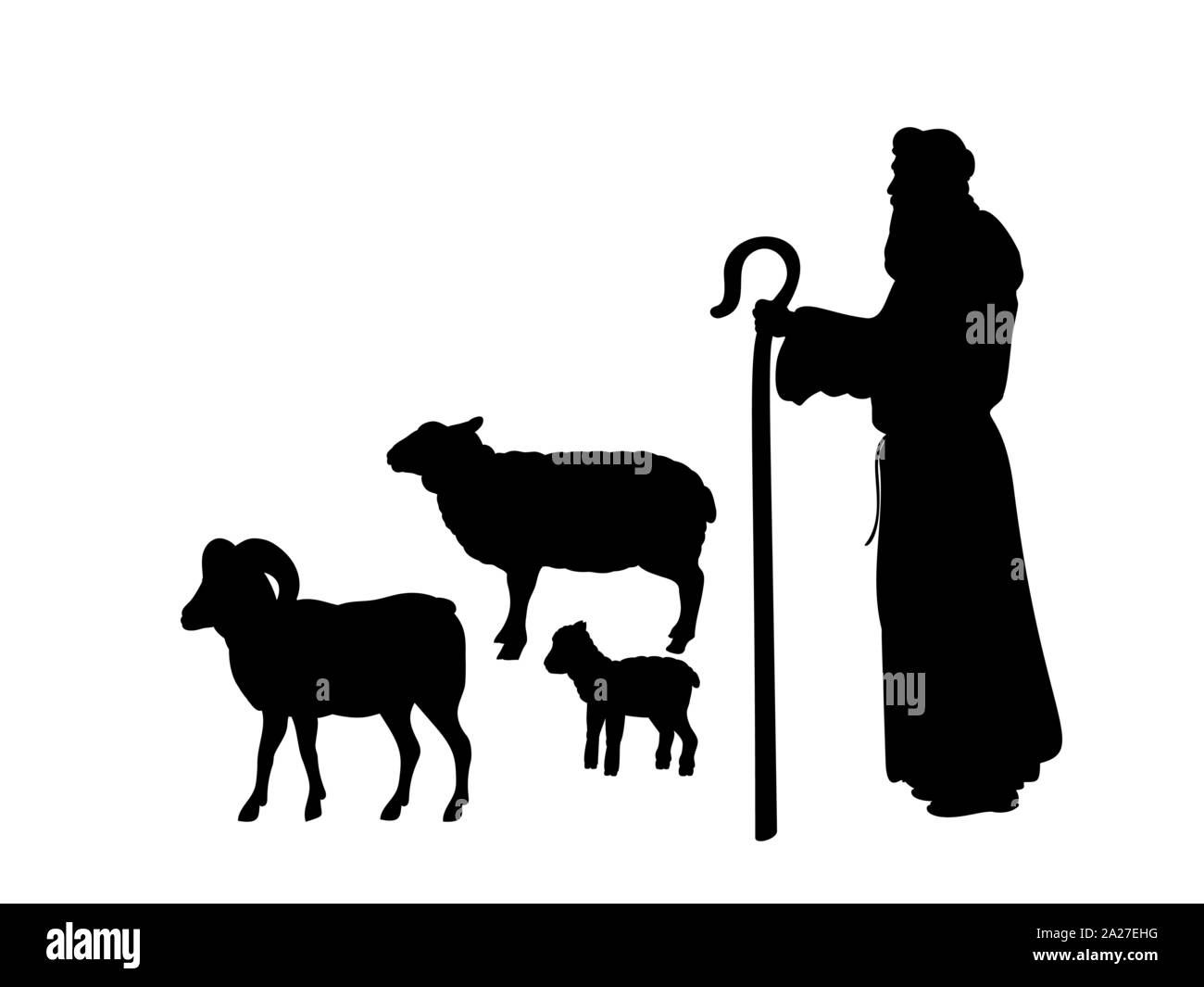 Maison de vacances de Noël Nativité silhouettes. Berger fait paître les moutons du troupeau. Illustration Illustration de Vecteur
