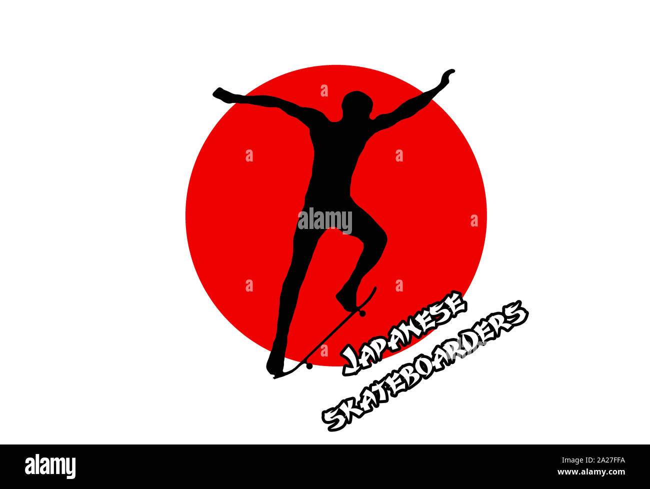 Illustration d'une silhouette d'un skateur professionnel sur l'arrière-plan de la drapeau japonais et l'inscription Banque D'Images