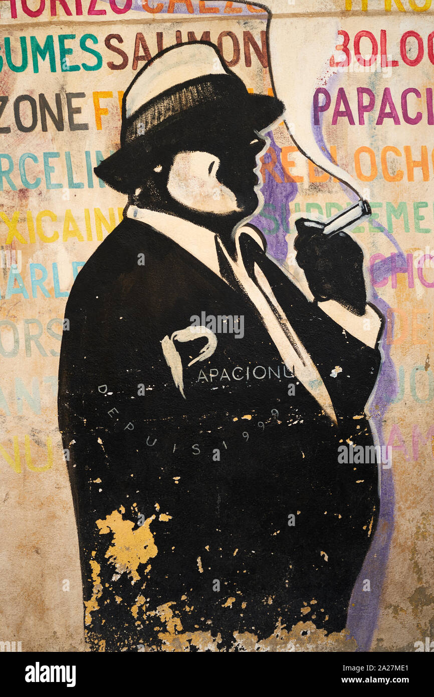 L'oeuvre peint et mur de la Corse restaurant pizza Papacionu à Ajaccio Corse-du-Sud Corse Banque D'Images