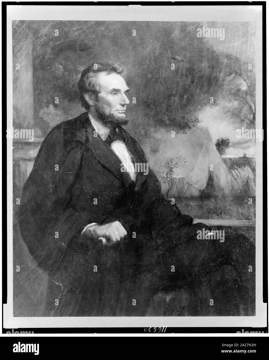 Le président Lincoln, half-length portrait assis, faisant face à droite Banque D'Images